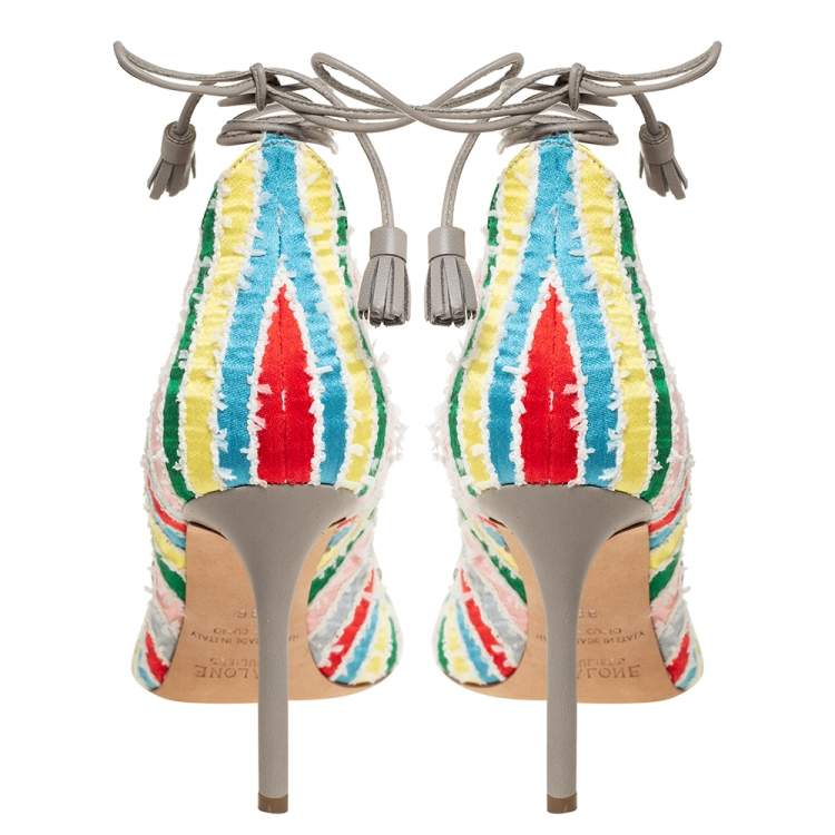 Pre Owned Malone Souliers Multicolour Frayed Fabric Savannah Open Toe Booties Size 36