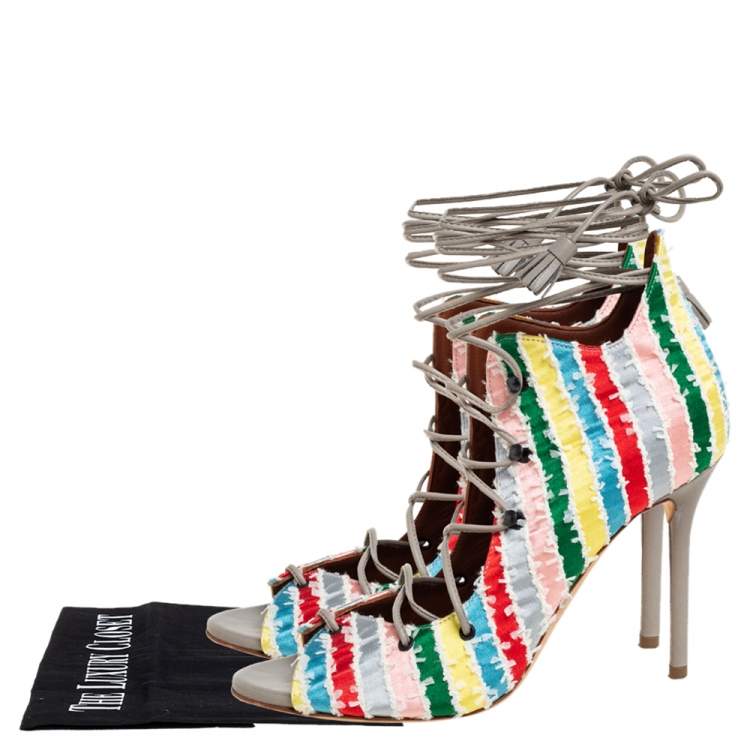 Pre Owned Malone Souliers Multicolour Frayed Fabric Savannah Open Toe Booties Size 36