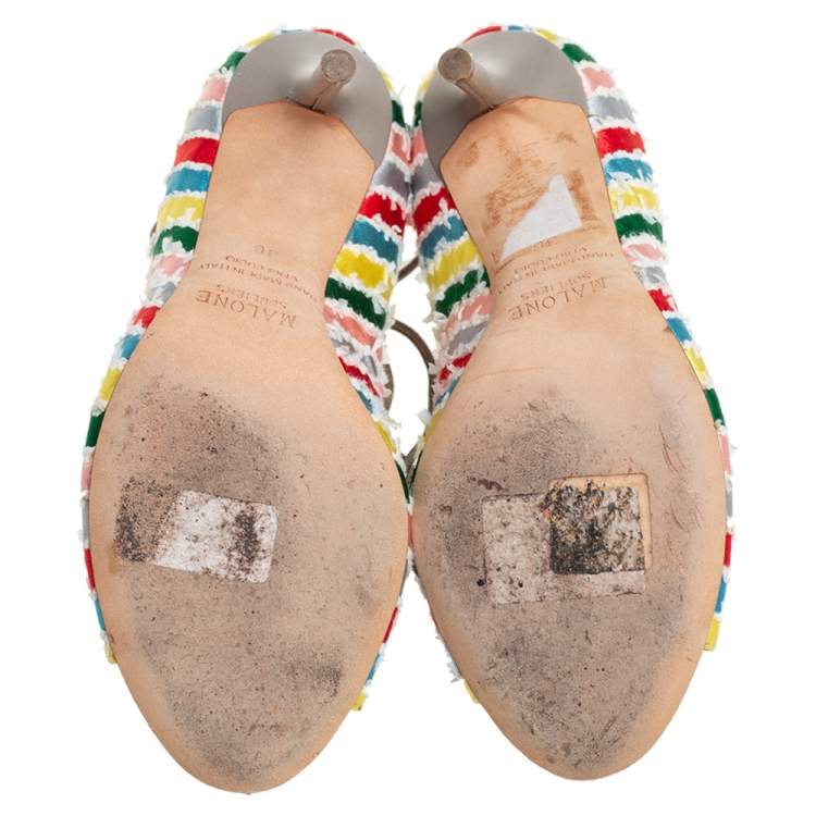 Pre Owned Malone Souliers Multicolour Frayed Fabric Savannah Open Toe Booties Size 36