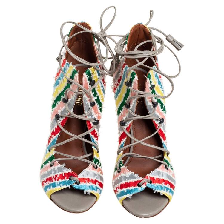 Pre Owned Malone Souliers Multicolour Frayed Fabric Savannah Open Toe Booties Size 36
