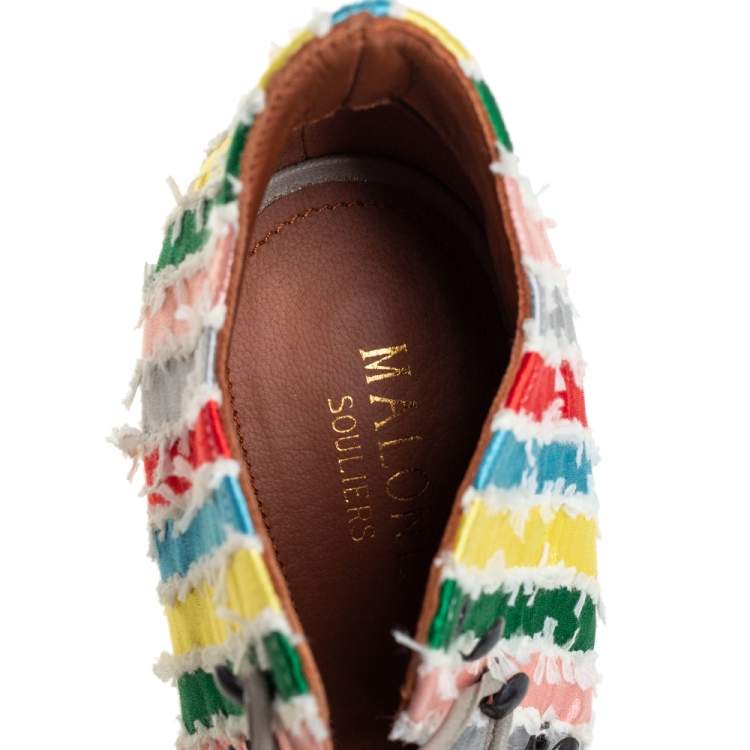 Pre Owned Malone Souliers Multicolour Frayed Fabric Savannah Open Toe Booties Size 36