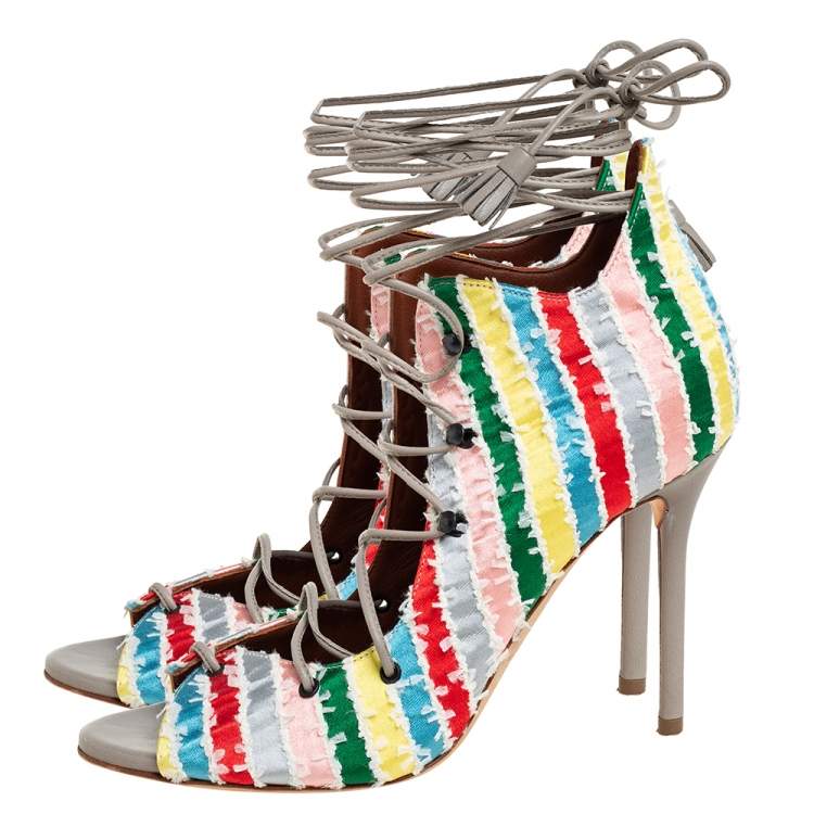 Pre Owned Malone Souliers Multicolour Frayed Fabric Savannah Open Toe Booties Size 36