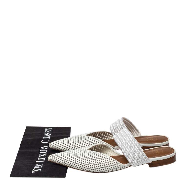 Pre Owned Malone Souliers White Laser Cut Leather And Canvas Maisie Mules Size 39