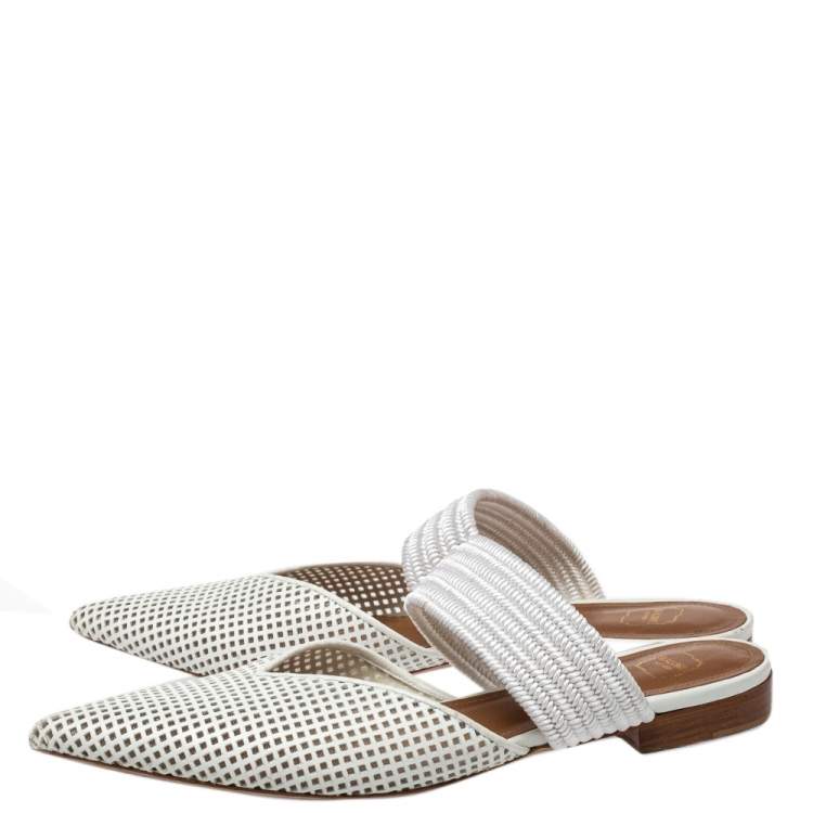 Pre Owned Malone Souliers White Laser Cut Leather And Canvas Maisie Mules Size 39