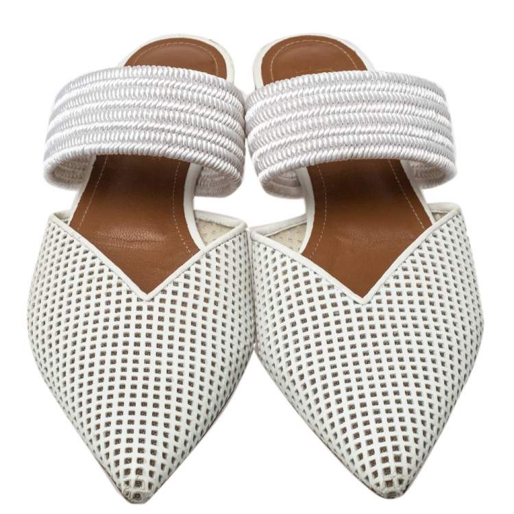 Pre Owned Malone Souliers White Laser Cut Leather And Canvas Maisie Mules Size 39