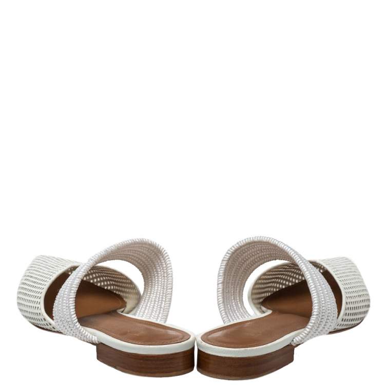 Pre Owned Malone Souliers White Laser Cut Leather And Canvas Maisie Mules Size 39