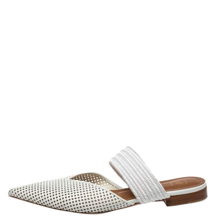 Pre Owned Malone Souliers White Laser Cut Leather And Canvas Maisie Mules Size 39