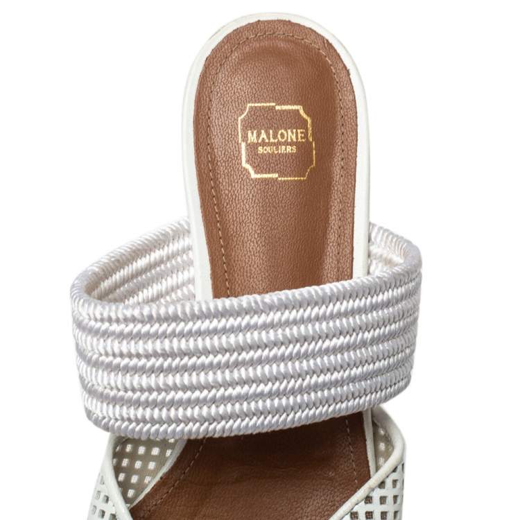 Pre Owned Malone Souliers White Laser Cut Leather And Canvas Maisie Mules Size 39