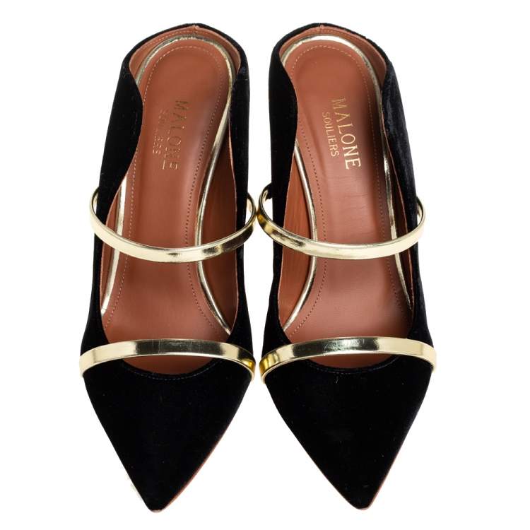 Pre Owned Malone Souliers Black Velvet Maureen  Mule Sandals Size 37.5