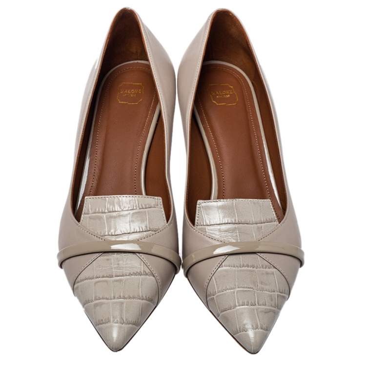Pre Owned Malone Souliers Grey Croc Embossed Leather And Patent Leather Pumps Size 39