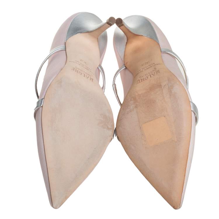 Pre Owned Malone Souliers Pink/Silver Fabric And Leather Maureen Pointed Toe Mules Sandals Size 35.5
