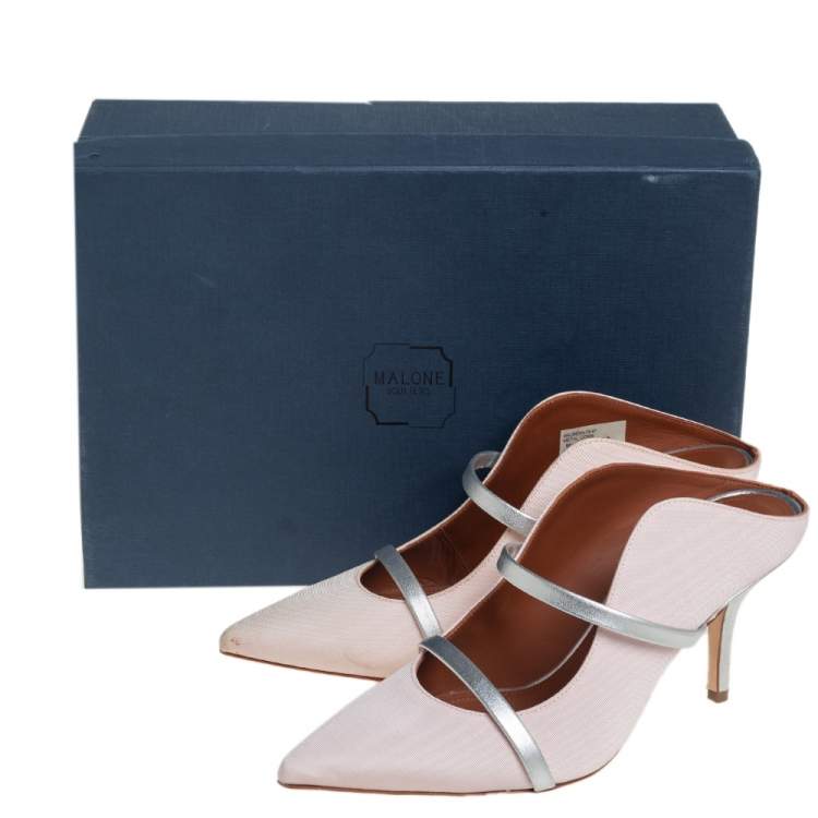 Pre Owned Malone Souliers Pink/Silver Fabric And Leather Maureen Pointed Toe Mules Sandals Size 35.5