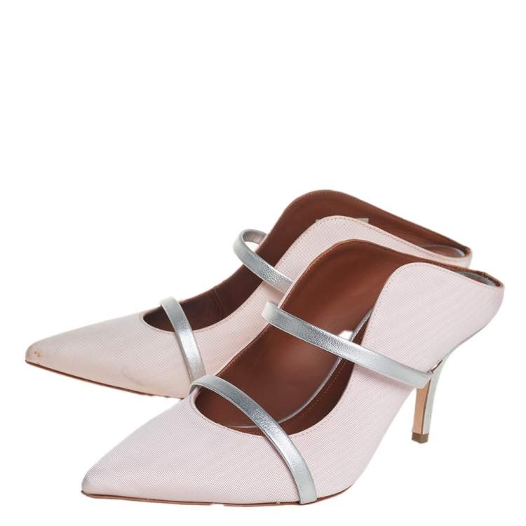 Pre Owned Malone Souliers Pink/Silver Fabric And Leather Maureen Pointed Toe Mules Sandals Size 35.5