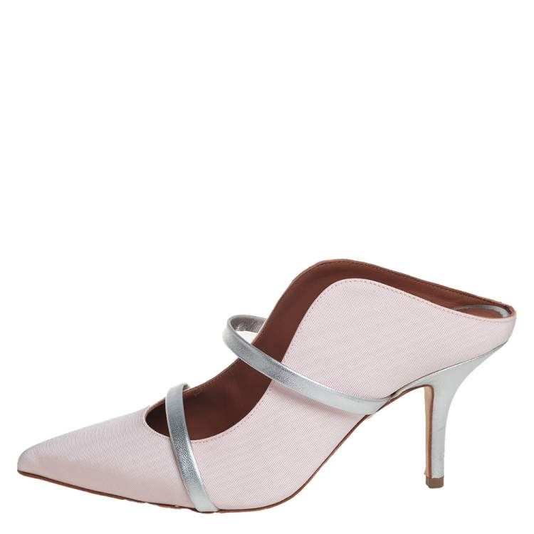 Pre Owned Malone Souliers Pink/Silver Fabric And Leather Maureen Pointed Toe Mules Sandals Size 35.5