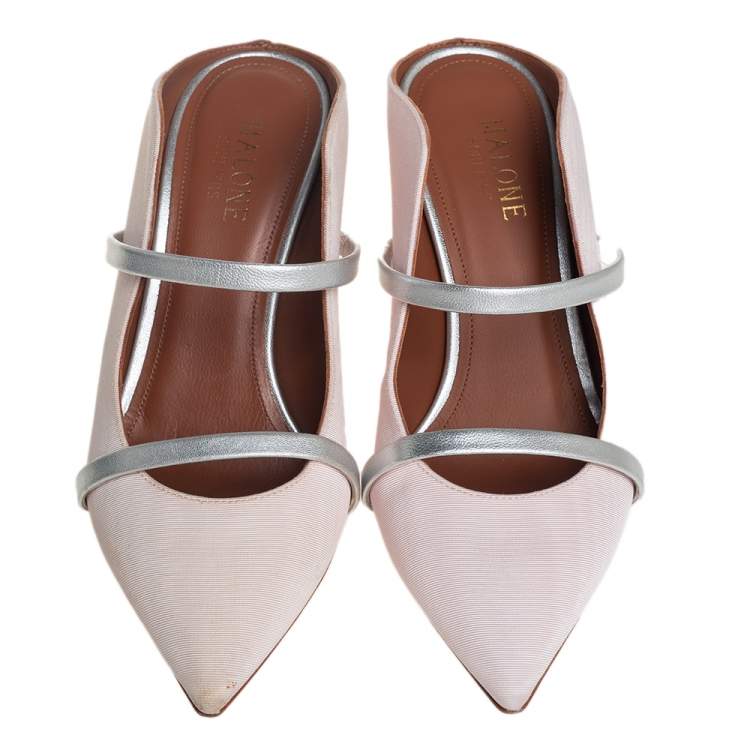 Pre Owned Malone Souliers Pink/Silver Fabric And Leather Maureen Pointed Toe Mules Sandals Size 35.5