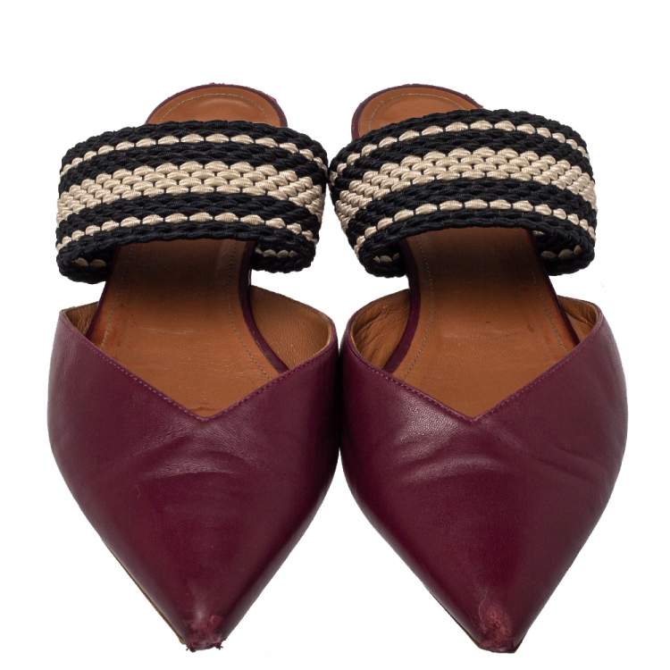 Pre Owned Malone Souliers Burgundy Leather And Fabric Maisie Pointed Toe Flat Mules Size 40