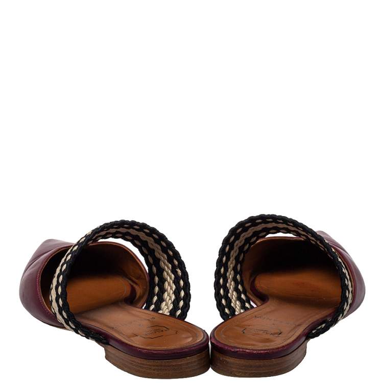Pre Owned Malone Souliers Burgundy Leather And Fabric Maisie Pointed Toe Flat Mules Size 40