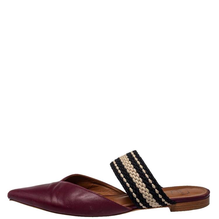 Pre Owned Malone Souliers Burgundy Leather And Fabric Maisie Pointed Toe Flat Mules Size 40