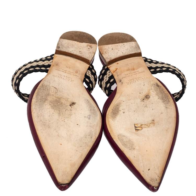Pre Owned Malone Souliers Burgundy Leather And Fabric Maisie Pointed Toe Flat Mules Size 40