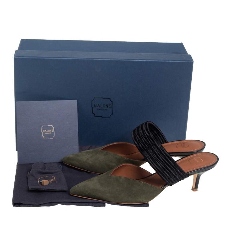 Pre Owned Malone Souliers Green/Blue Suede And Fabric Maisie Pointed Toe Mules Sandals Size 37