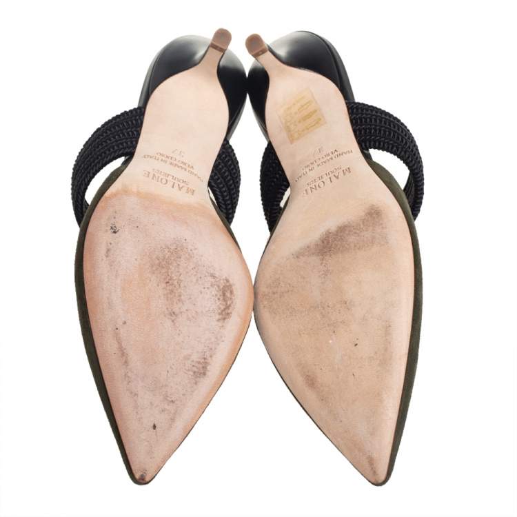 Pre Owned Malone Souliers Green/Blue Suede And Fabric Maisie Pointed Toe Mules Sandals Size 37