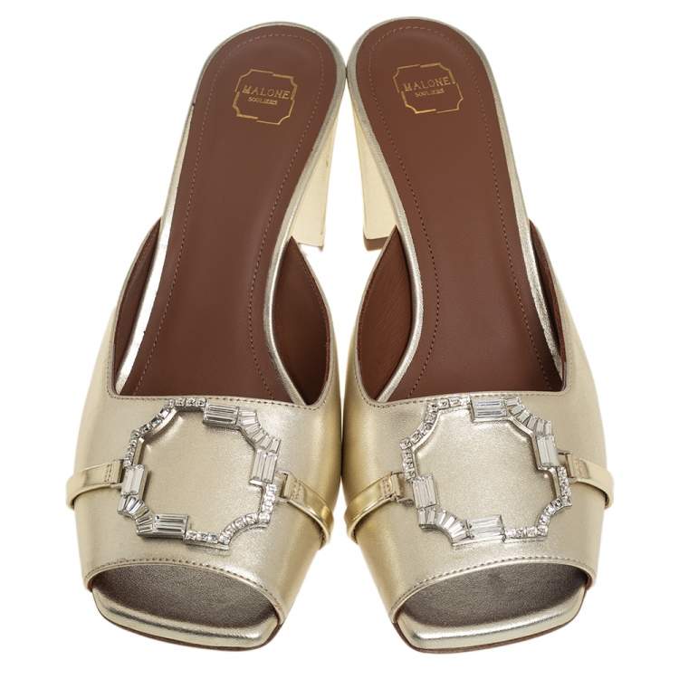 Pre Owned Malone Souliers Gold Leather Embellished Square Toe Mule Sandals Size 38.5