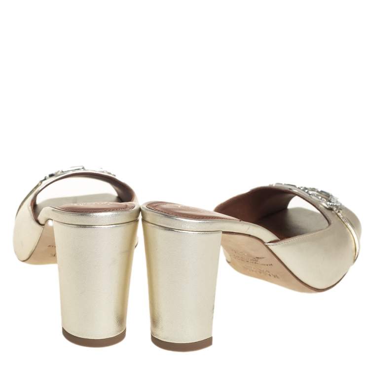 Pre Owned Malone Souliers Gold Leather Embellished Square Toe Mule Sandals Size 38.5