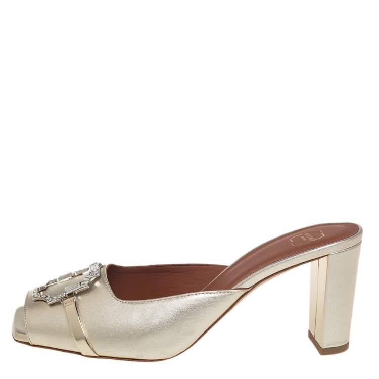 Pre Owned Malone Souliers Gold Leather Embellished Square Toe Mule Sandals Size 38.5