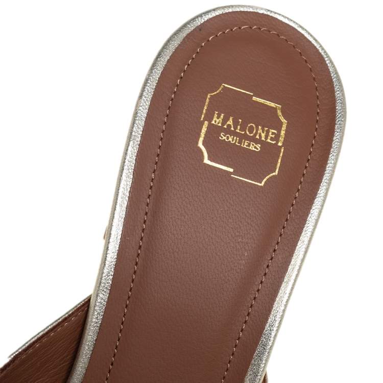 Pre Owned Malone Souliers Gold Leather Embellished Square Toe Mule Sandals Size 38.5