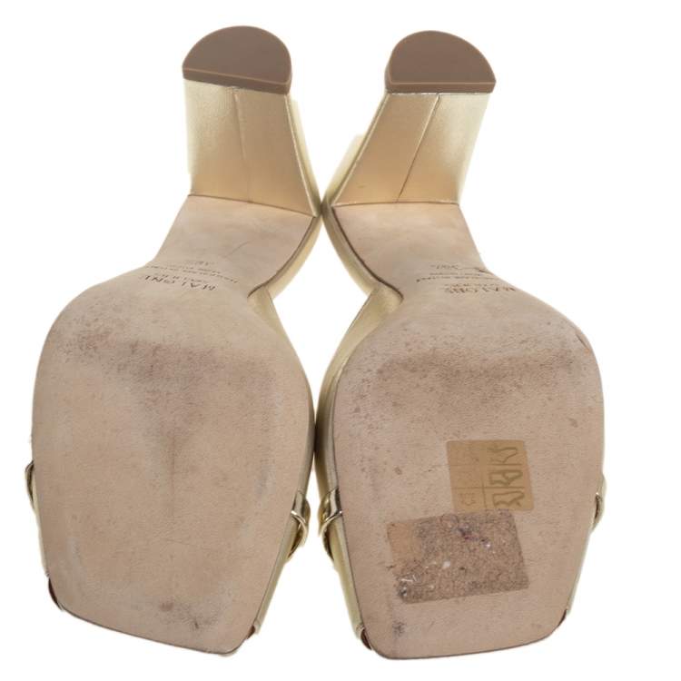 Pre Owned Malone Souliers Gold Leather Embellished Square Toe Mule Sandals Size 38.5