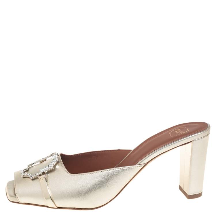 Pre Owned Malone Souliers Metallic Gold Leather Missy Open Toe Mules Size 40.5