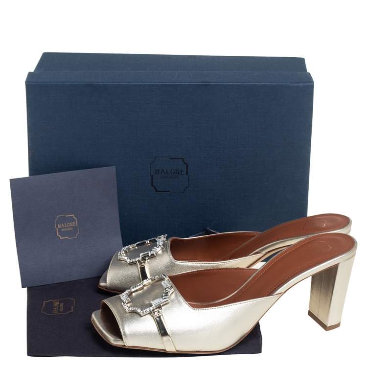 Pre Owned Malone Souliers Metallic Gold Leather Missy Open Toe Mules Size 40.5