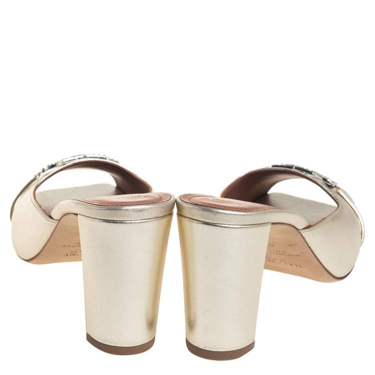 Pre Owned Malone Souliers Metallic Gold Leather Missy Open Toe Mules Size 40.5