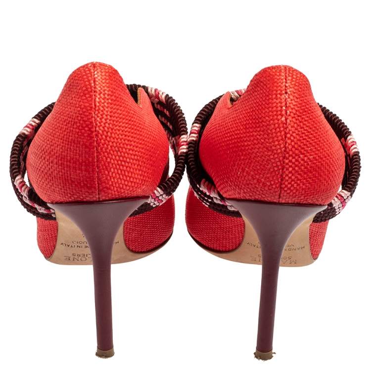 Pre Owned Malone Souliers Red Raffia And Fabric Mannie Pointed Toe Pumps Size 37.5