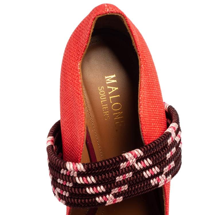 Pre Owned Malone Souliers Red Raffia And Fabric Mannie Pointed Toe Pumps Size 37.5