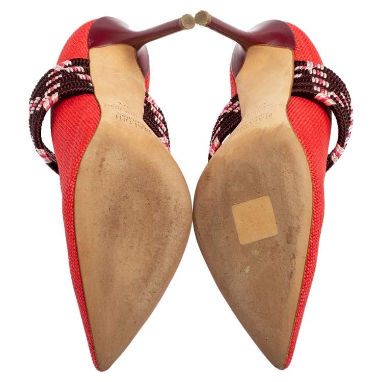 Pre Owned Malone Souliers Red Raffia And Fabric Mannie Pointed Toe Pumps Size 37.5