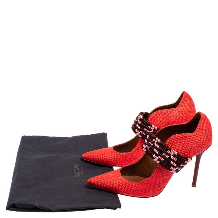 Pre Owned Malone Souliers Red Raffia And Fabric Mannie Pointed Toe Pumps Size 37.5