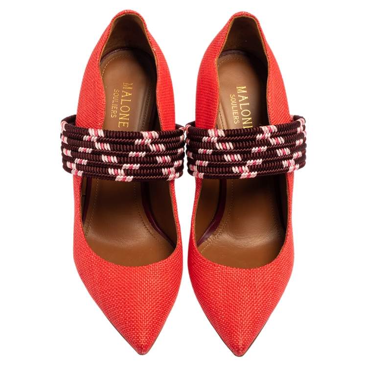 Pre Owned Malone Souliers Red Raffia And Fabric Mannie Pointed Toe Pumps Size 37.5