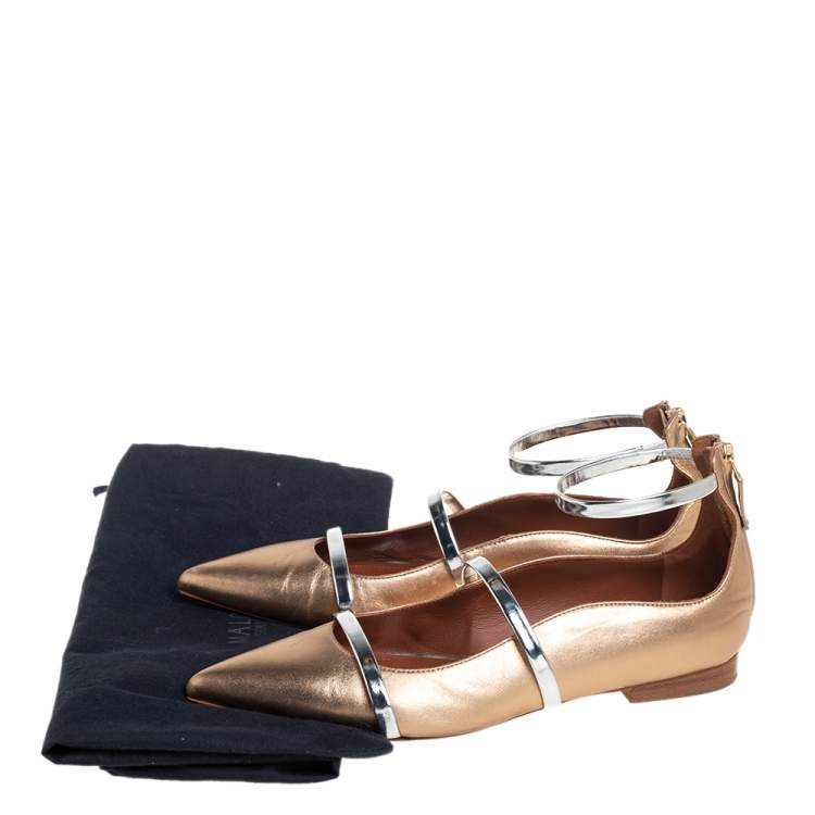 Pre Owned Malone Souliers Gold Metallic/Silver Leather Robyn Flats Size 37