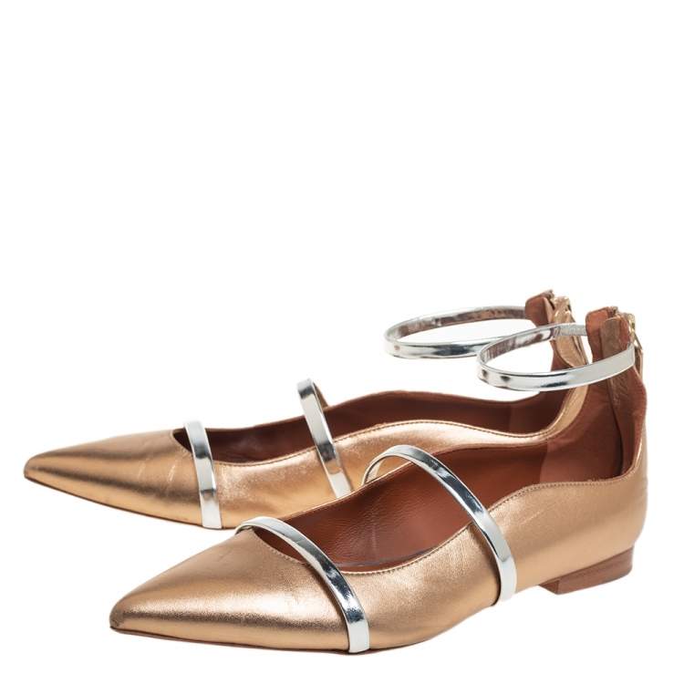 Pre Owned Malone Souliers Gold Metallic/Silver Leather Robyn Flats Size 37
