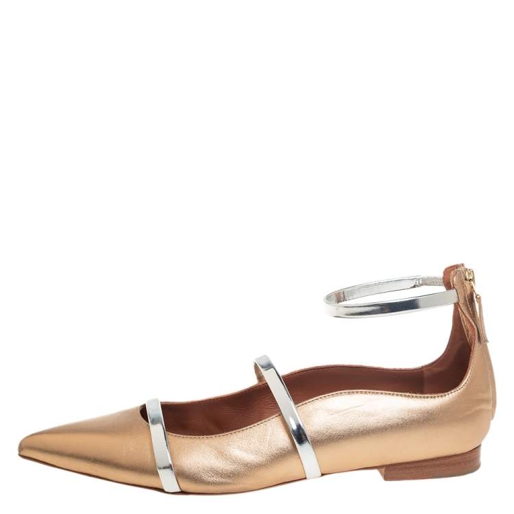 Pre Owned Malone Souliers Gold Metallic/Silver Leather Robyn Flats Size 37