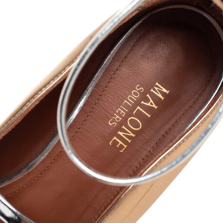 Pre Owned Malone Souliers Gold Metallic/Silver Leather Robyn Flats Size 37