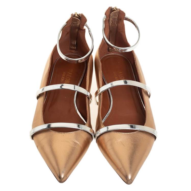 Pre Owned Malone Souliers Gold Metallic/Silver Leather Robyn Flats Size 37