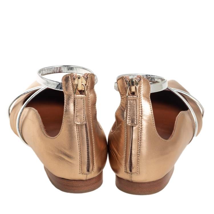 Pre Owned Malone Souliers Gold Metallic/Silver Leather Robyn Flats Size 37