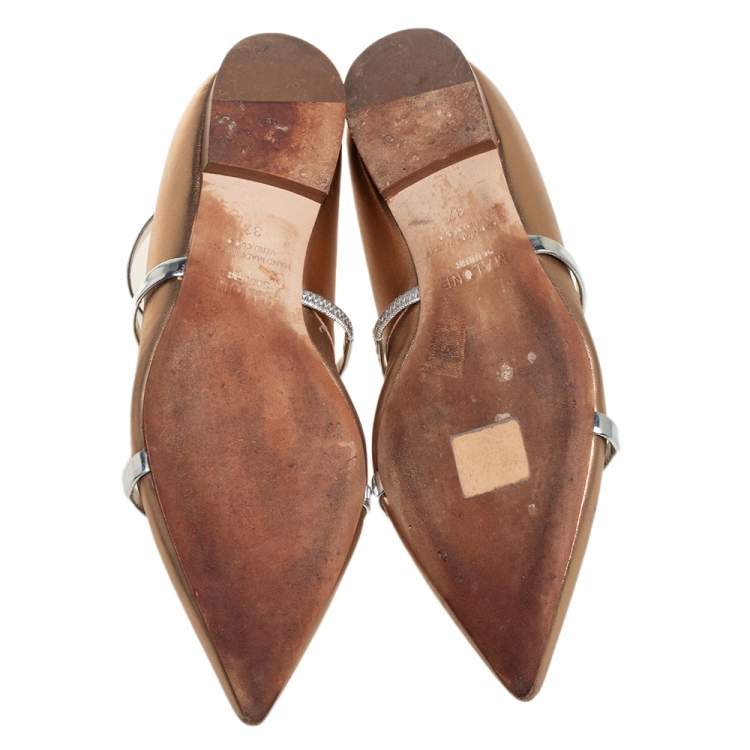 Pre Owned Malone Souliers Gold Metallic/Silver Leather Robyn Flats Size 37
