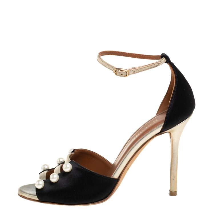 Pre Owned Malone Souliers Black Satin And Leather Peep Toe Sandals Size 36