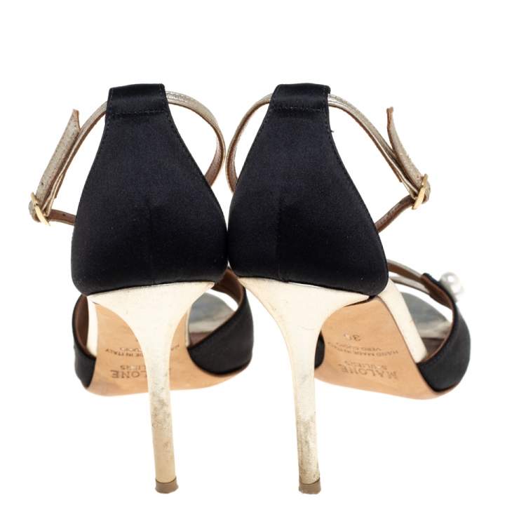 Pre Owned Malone Souliers Black Satin And Leather Peep Toe Sandals Size 36