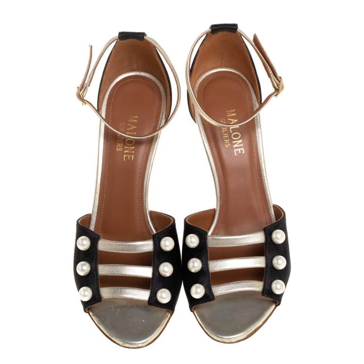Pre Owned Malone Souliers Black Satin And Leather Peep Toe Sandals Size 36