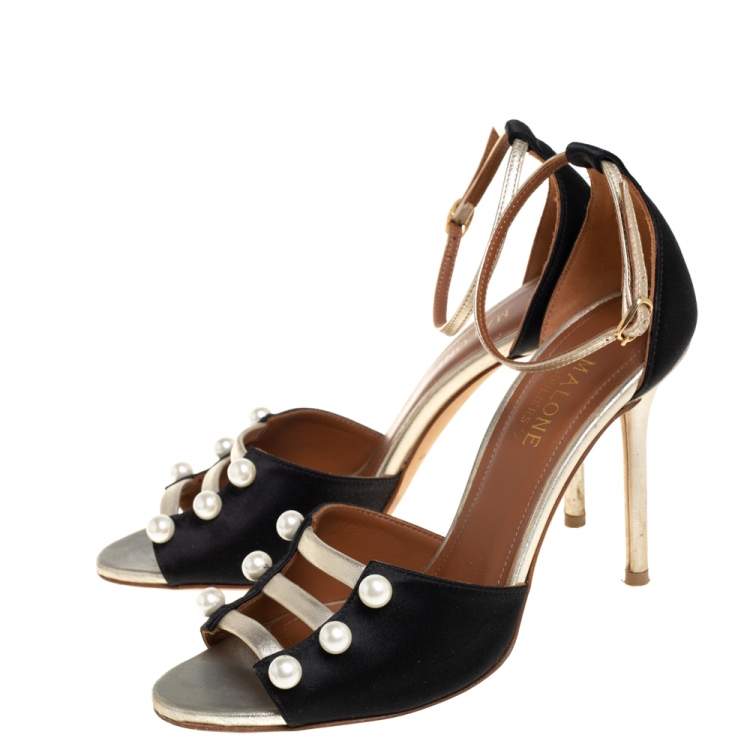 Pre Owned Malone Souliers Black Satin And Leather Peep Toe Sandals Size 36