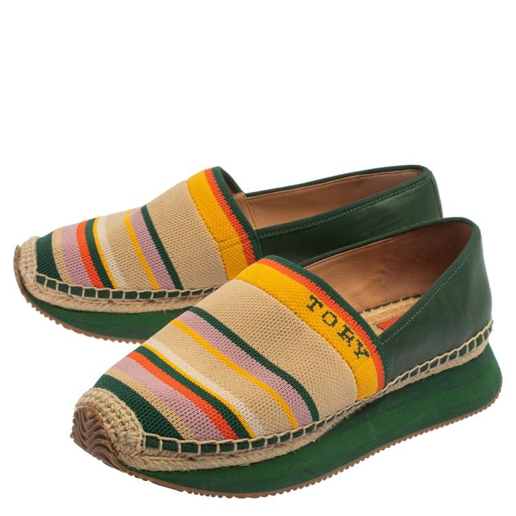 Pre Owned Tory Burch Multicolor Leather And Woven Fabric Logo Espadrilles Size 39